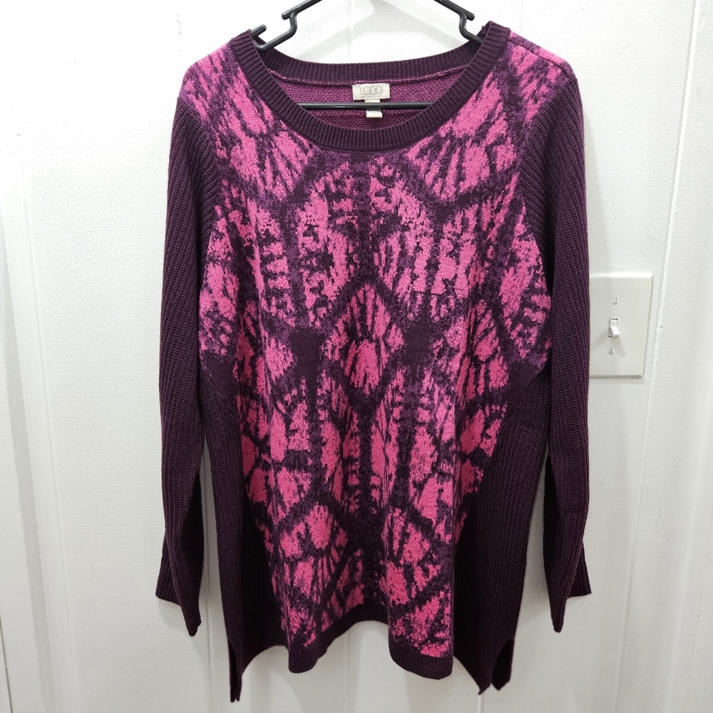 LOGO Lori Goldstein Pink/Purple Acrylic Sweater Abstract Design Panel Size L